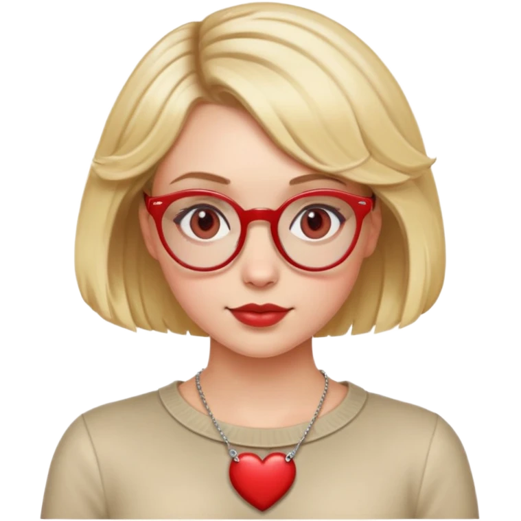 white girl head with short blonde bob hair slightly curled, red round glasses, heart necklace emoji