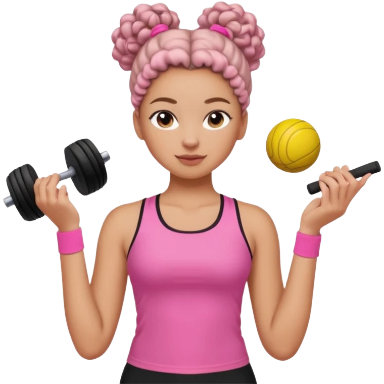 Faça um emoji personalizável estilo Apple menina  igual essa d foto com roupas clara , blusa esportiva rosa e por baixo uma blusa branca calça leg preta  cabelo coque  4c crespo  , faça um pack de emojis com ela fazendo situações clean girl igual os do pinterest  emoji