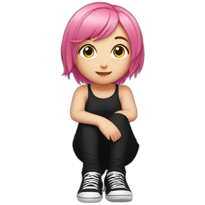 full body Front view curvy emo girl pink hair sits on the floor straight view hands up черная юбка белые трусики рваные полосатые чулки emoji
