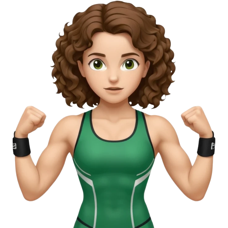 flexing muscles, big biceps, muscled torso, very beautiful italian girl, looking like Emma Watson, with curly and big volume very bright brown hair, dressed in a beautiful green sports costume emoji