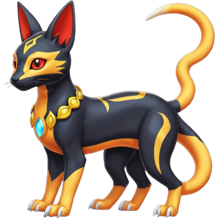 Colorful orange red black yellow Bastet-Salandit-Umbreon-Gatomon-Vernid-Protogen-Digimon-Fakémon-Pokémon-creature  (full body) emoji