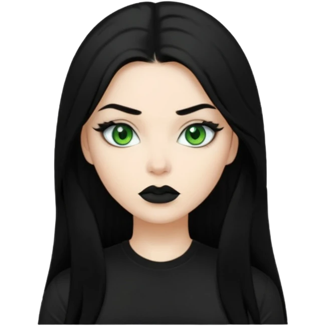 Black haired woman, green eyes, black lipstick, white skin, black t shirt, sharp face, long hair emoji