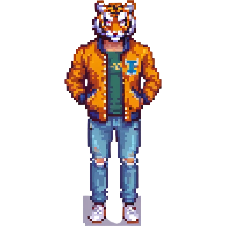 Tony from Hotline Miami, muscular man in varsity jacket with tiger mask, pixel art style emoji
