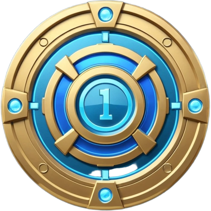 Futuristic anniversary medal badge, circular emblem with embossed Roman numeral I, metallic gold finish with electric blue glow accents, subtle outer energy ring, sci-fi web3 game UI style, polished 3D game asset, dark background, centered composition, high detail emoji