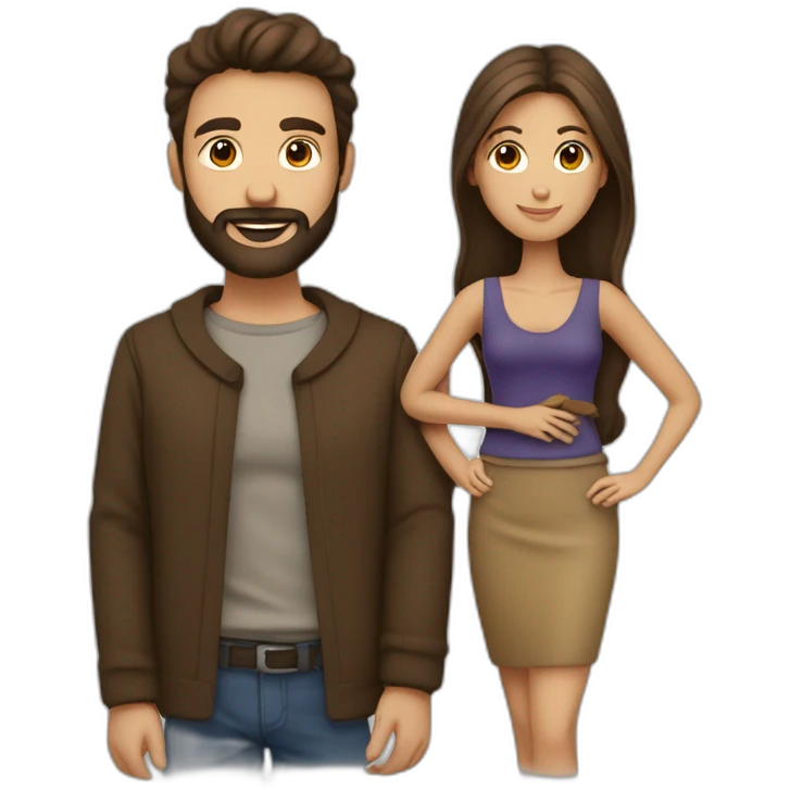 Homme brun avec barbe et une baguette qui pointe vers une femme brune en top crop et jupe  emoji