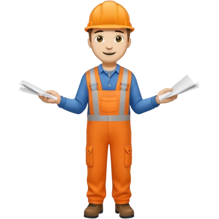 railway engineer full body in orange overalls, carrying one piece of paper with both hands in front of him emoji