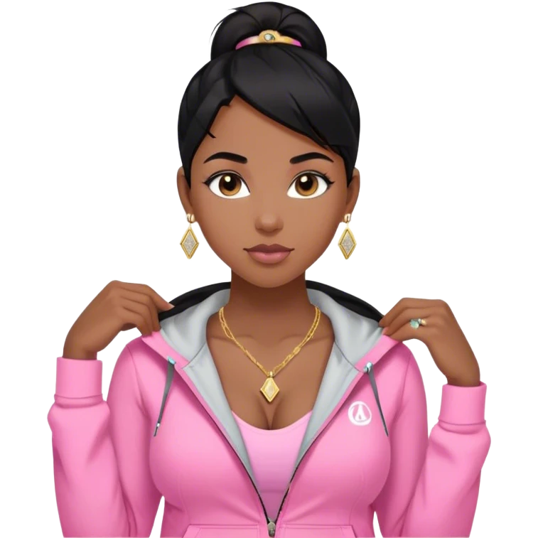 black girl with black straigh hair and baby hairs with pink lululemon jacket with cleavage showing a little n with a gold necklace and gold diamond earrings  emoji