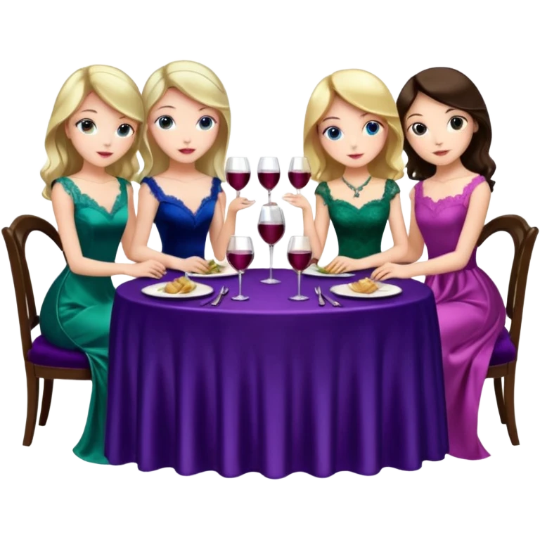people sitting at a table at a fancy dinner emoji 4 girls one in a blue dress one is a green dress one in a purple dress and one in a pink dress emoji