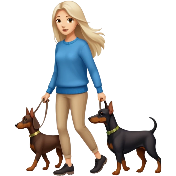 A beautiful long-haired white woman wearing a sweater walking a Doberman emoji