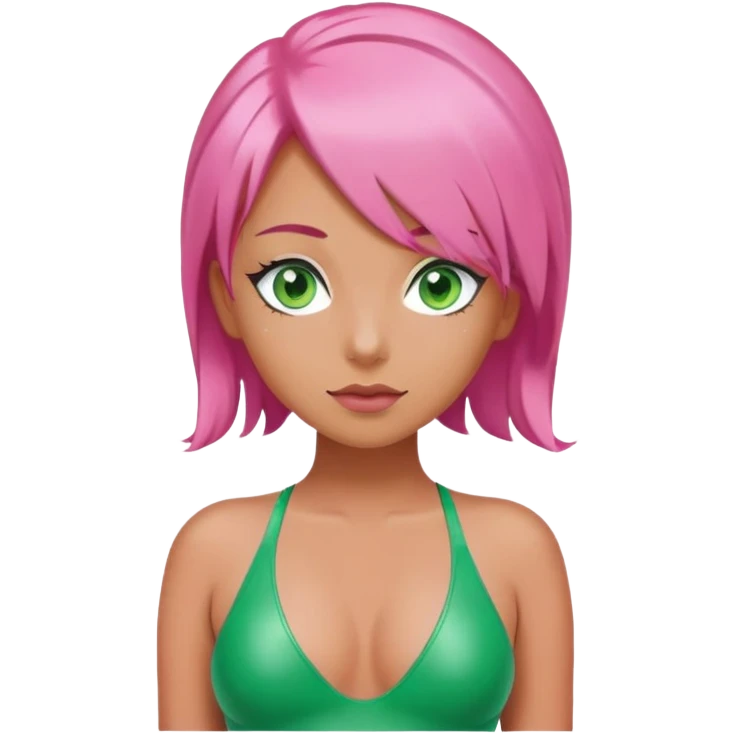 A woman in a latex swimsuit, with large breasts, also has pink hair and green eyes. emoji