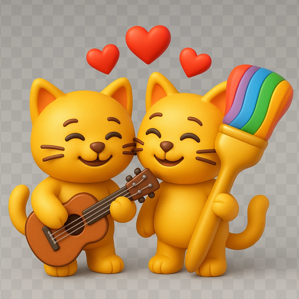 Make the paintbrush rainbow-colored. Keep the two happy cats in love, one with a guitar and the other with a giant rainbow paintbrush. Add hearts above them. The style should resemble 3D emoji style with a transparent background. emoji