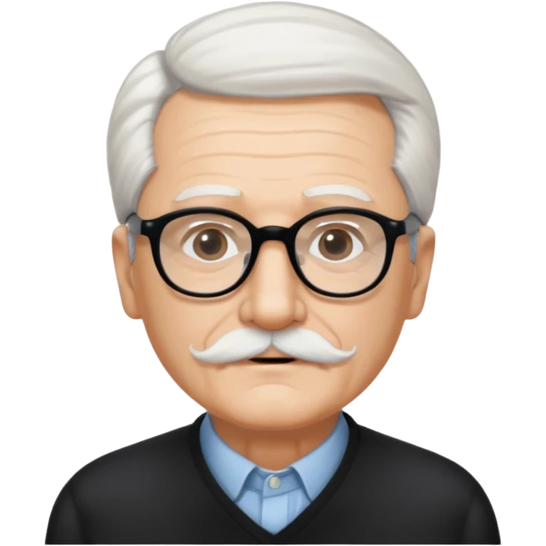 An elderly man with neatly combed white hair swept back, giving a tidy and classic look, and wears black rectangular glasses. His face is oval-shaped with  a small white mustache above his lips.d. emoji