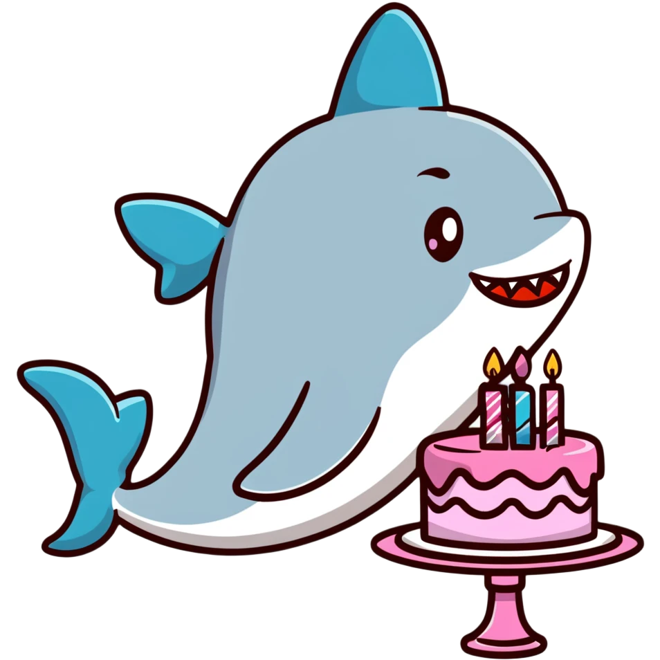cartoon shark with lips puckered, directly kissing a frosted birthday cake emoji