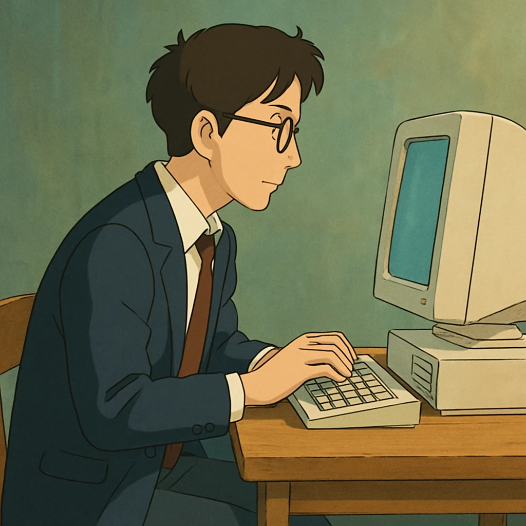 hombre con vestimenta semi-formal, de perfil, frente a una computadora en una mesa sencilla, ghibli style emoji