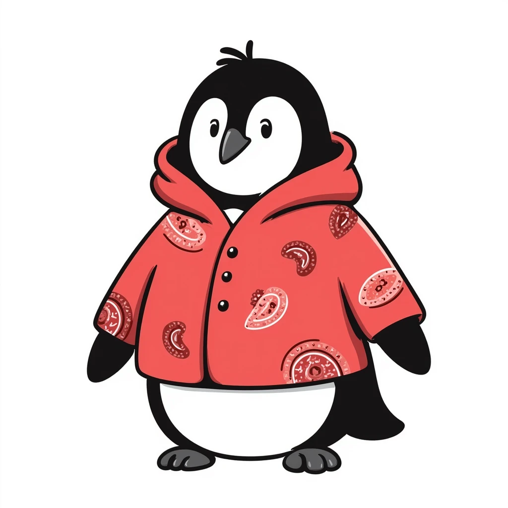 penguin wearing a red paisley pattern hoodie emoji