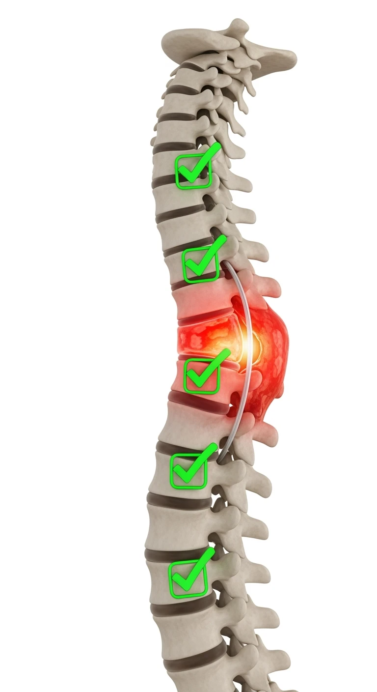 spina dorsale anatomica umana infiammata con ernia, e spunte verdi di verificato in 3d, ISOLATO SU SFONDO BIANCO emoji