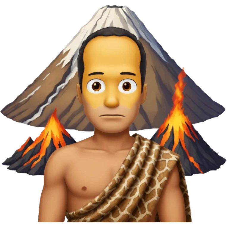 a simpson guy wearing ancient animal skin cloth with volcano behind, half body, icon emoji