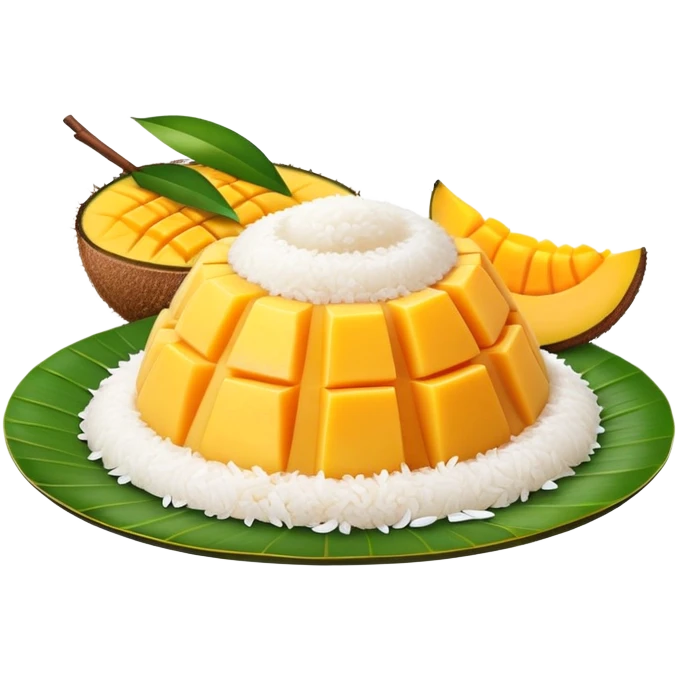 cinematic-realistic-mango-sticky-rice-dessert-emoji,-showcasing-sweet-sticky-rice out of a mould-paired-with-ripe-mango-slices-and-coconut-milk-rendered-with-lifelike-detail-and-warm,-inviting-lighting with the coconut  milk over the rice emoji