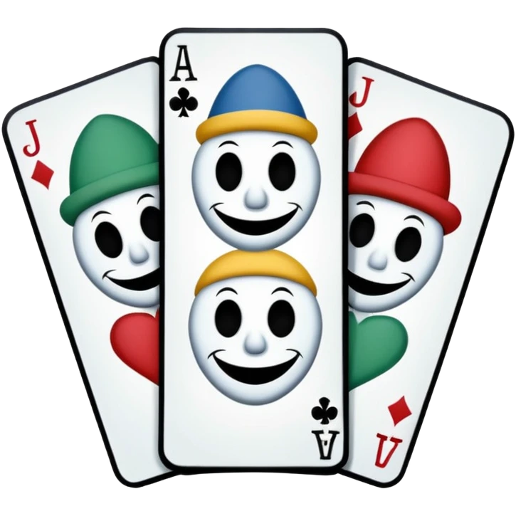 3 poker cards, with crazy colorful human jolly jokers inside, inversed face, cuphead style emoji