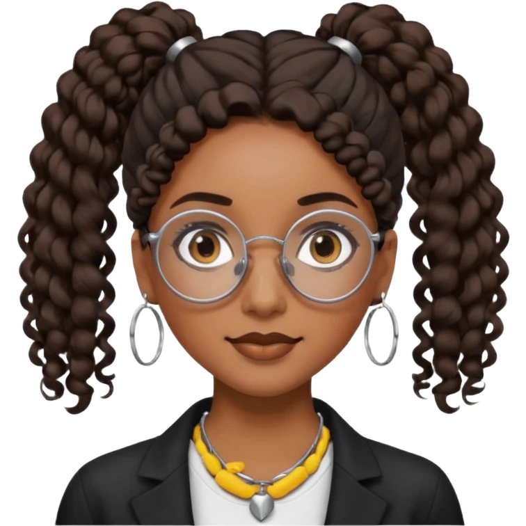 chica morena de ojos claros con gafas negras exagonales redondeadas. y pelo rizado castaño con todo el pelo recogido en una coleta . y un collar de plata . Con todo el pelo recogido un clen look emoji