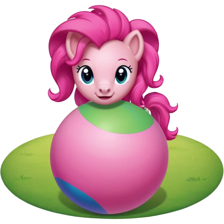 Pinkie Pie pony from My Little Pony happily bouncing on a big colorful ball, cartoon style, bright colors, cheerful expression, background with green meadow or playground emoji