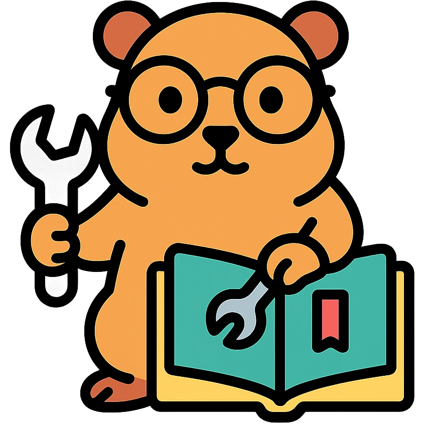 studious guinea pig with glasses, holding a wrench and fixing a book, color outline icon emoji