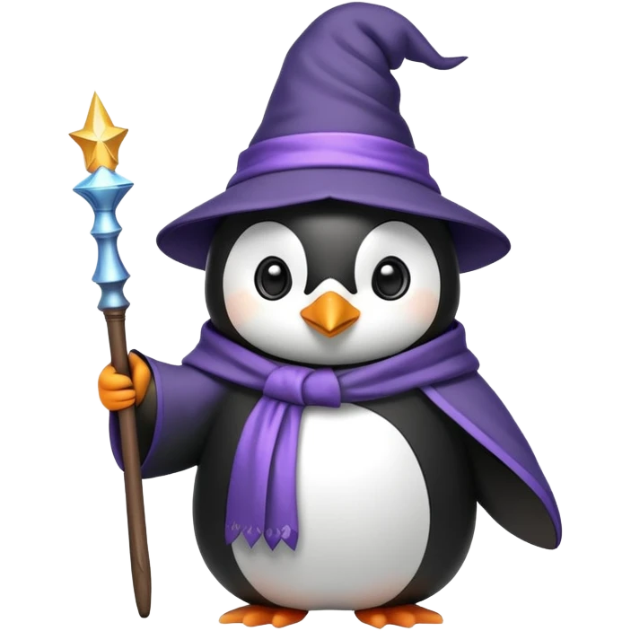 Penguin wearing a wizard hat and robe, holding a magic wand emoji