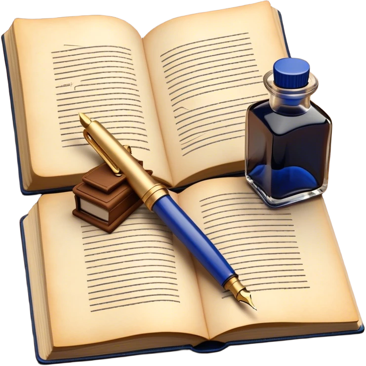 Create a vibrant emoji representing prose writing. The design should feature an open book with pages showing unfinished prose, a classic fountain pen or quill with black or dark blue ink, and an ink bottle (inkwell) next to it. The pages should have visible lines of text, but some should remain unfinished, symbolizing the creative process. Use warm, earthy tones like brown, gold, and cream for the book and background, with the ink and pen in black or dark blue. The emoji should convey the idea of storytelling, creativity, and the unfinished nature of literary work. Make the background transparent. emoji
