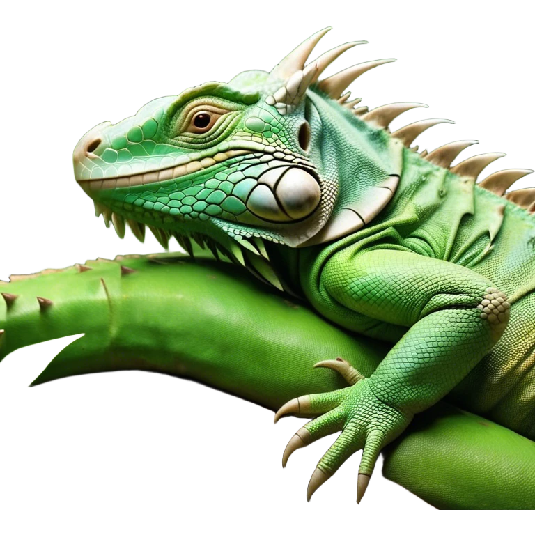 Meme-Worthy Cute Sleeping Iguana Portrait Emoji, Head resting peacefully with a contented smile, showcasing a solid, textured body with a subdued spiky crest and eyes gently closed in serene slumber, Simplified yet adorably endearing features, highly detailed, glowing with a soft, drowsy jungle light, high shine, relaxed and utterly lovable, stylized with an air of playful laziness, soft glowing outline, capturing the essence of a sleeping iguana that feels destined to become the next viral icon of adorable rest! emoji