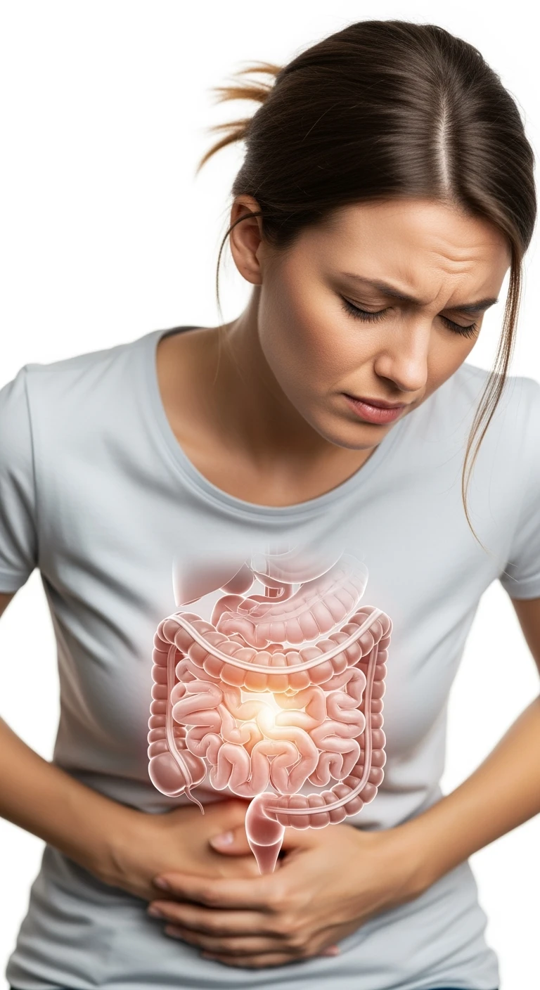 donna stressata con intestino umano anatomico in evidenza, iperrealistica 4k, sfondo bianco emoji