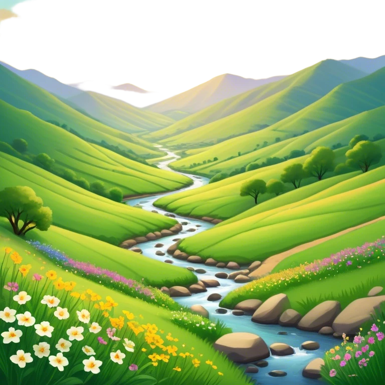 Cinematic Realistic Valley Emoji, Lush and serene, with gently sloping hills surrounding a vibrant green valley filled with wildflowers and a small stream. The soft, golden sunlight filters through the valley, casting peaceful, warm shadows across the landscape. Soft glowing outline, capturing the essence of natural peace and gentle beauty in a sprawling valley. emoji