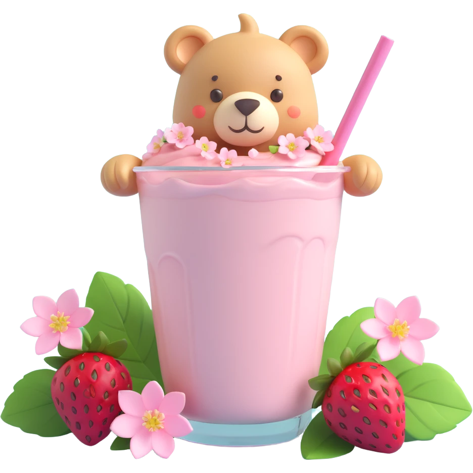 A strawberry milkshake cup with a straw, a cute bear peeking out, two strawberries with green leaves, and pink cherry blossom flowers, in 3D iOS style, pastel colors, soft shadows, clean and minimalistic design emoji