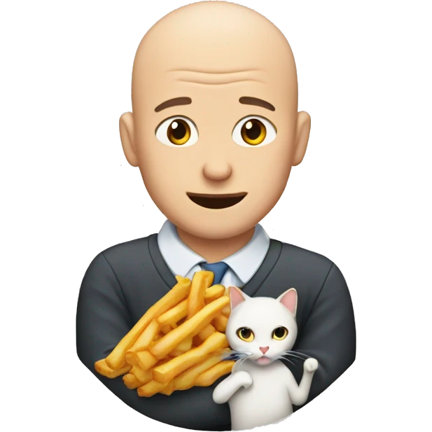 Bald man eating a fry hugging a cat emoji