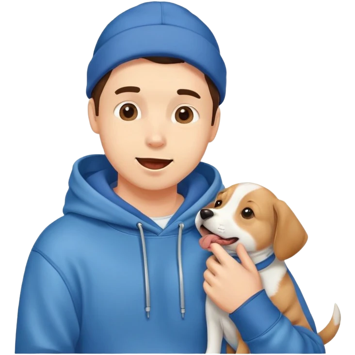 Cute dog lover boyfriend with soft smile, wearing hoodie and jeans, one dog licking his face emoji