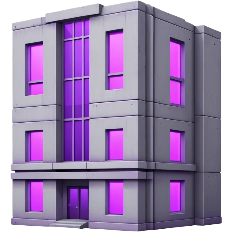 Rectangular gray concrete building with purple UV light shining from a single window, urban brutalist architecture emoji