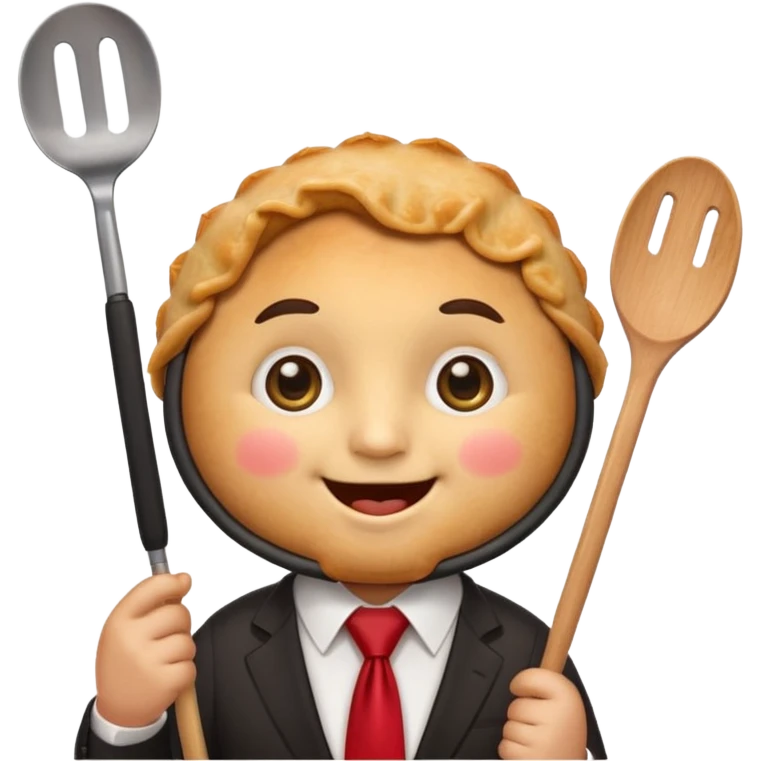 emoji style, happy fried empanada with face, big sparkling eyes, blushing cheeks, two buck teeth, red necktie, holding spatula, thick black outline, golden brown color, very cute and wholesome, transparent backgroun emoji