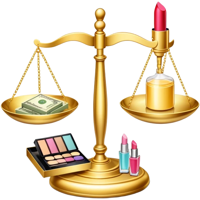 gold scale with dollars on one side and beauty products like lipstick, perfume, makeup on the other emoji