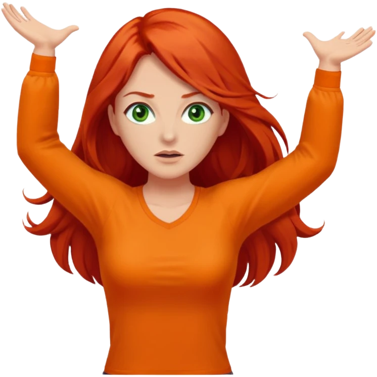 lady with long red hair, green eyes and orange top throwing arms in the as if confused emoji