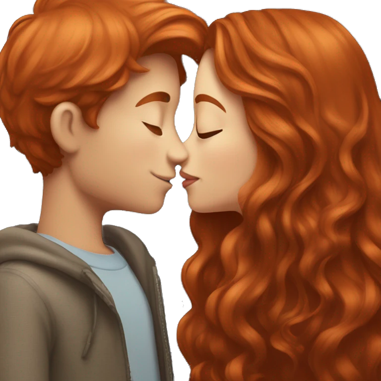 Redhead girl kissing boy with long brown hair  emoji