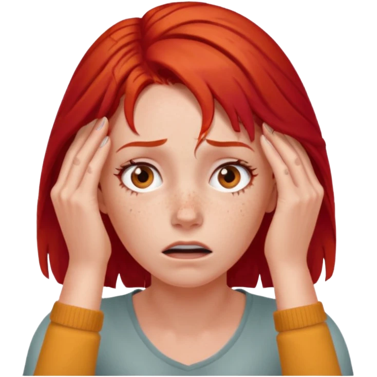 A realistic waist-up portrait of a frightened woman with her hands on her head and red hair emoji