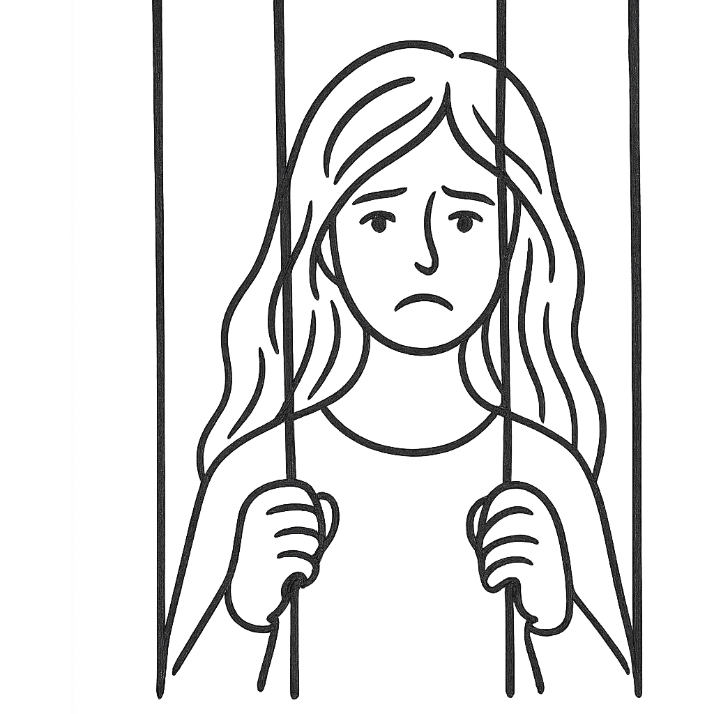 hand drawn outline style of a golden girl with long hair behind jail bars emoji