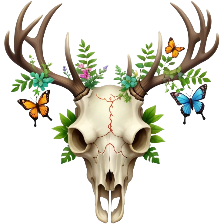 Elk skull with plants, flowers, butterflies  emoji