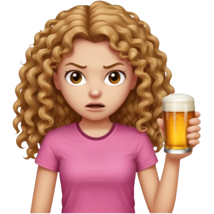 Girl with very long light brown curly hair and pink t-shirt with beers on hand and angry face emoji