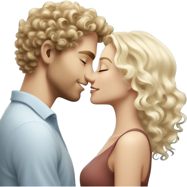 White Blonde guy with slim face and curly hair and beautiful blue eyes kissing happy white brunette girl   emoji