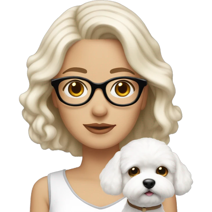 white-woman-with-white-medium-hair-big-hazel-eyes-and-glasses- holding- Bichon with light brown ears  emoji