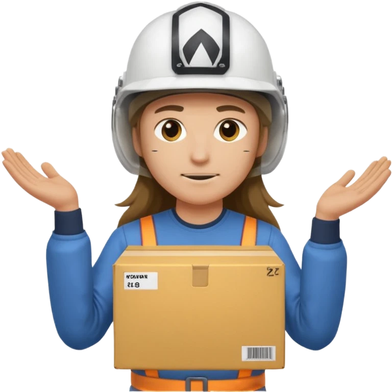 Tengo que dar una capacitacion de orgonomia, necesito un emoji de un operario con pelo largo y casco blanco de manga larga que levante una caja cerrada con las dos manos a la altura de los hombros y que tenga cara de esfuerzo fisico. Que no este saludando, las dos manos sosteniendo la caja.  emoji