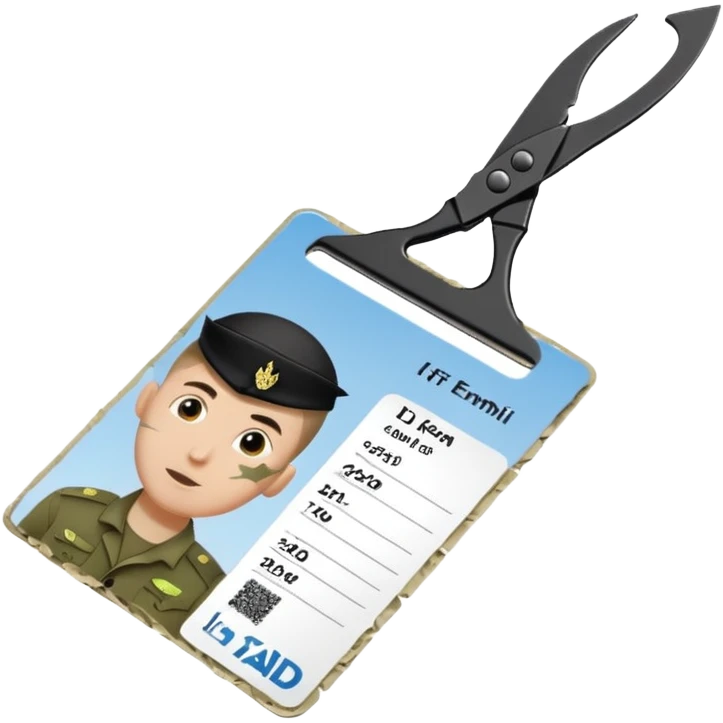 Floating black Scissors cutting in half an idf soldier ID card in 2 parts .hyper realistic emoji
