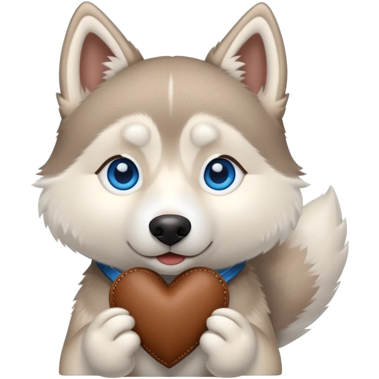 Beige husky with blue eyes holding a brown heart emoji
