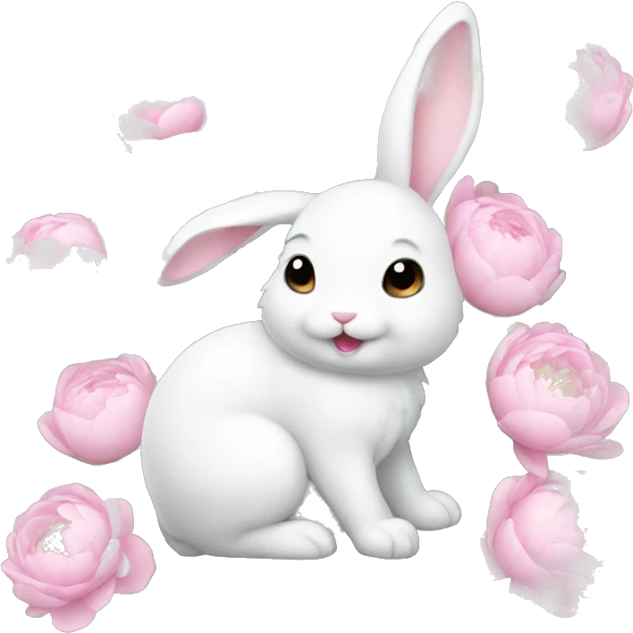cute white bunny holding light pink peonies emoji