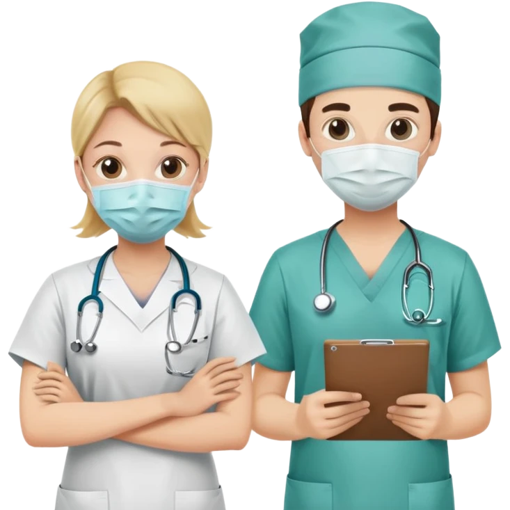 Doctor with surgical mask and scrubs next to another doctor with clipboard emoji